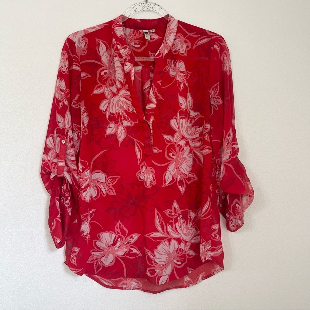 Kut FromThe Kloth Red Floral Lightweight Sheer Casual Long Sleeves Blouse Size S